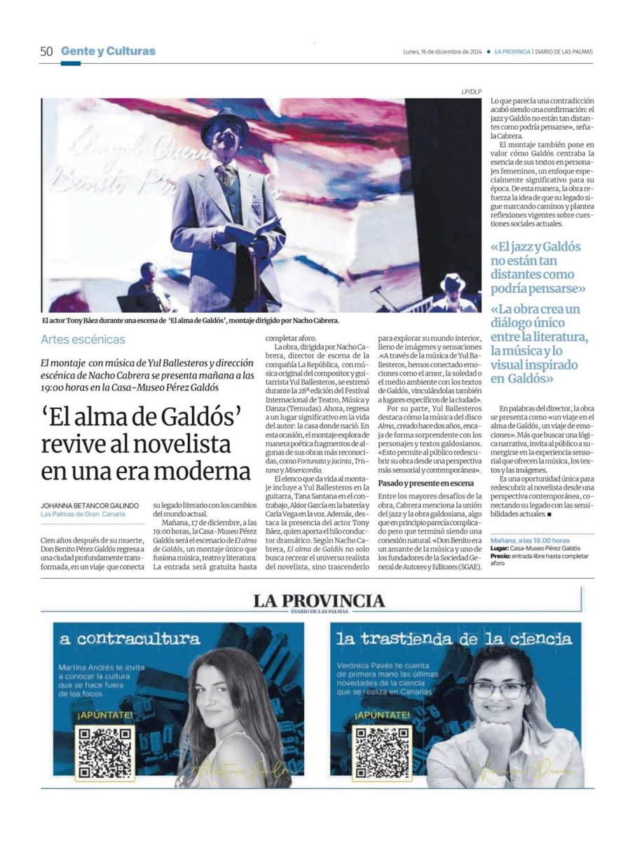 Teatro y música: ‘El alma de Galdós’ por Yul Ballesteros y Teatro La República
🗓 Martes 17 diciembre 2024 🕖 19:00 h
🏦Casa-Museo Pérez Galdós.