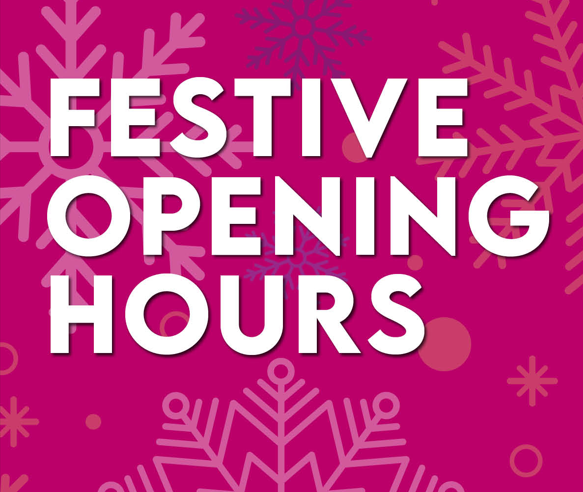 pink background with abstract snowflakes with the words FESTIVE OPENING HOURS in a bold white font overlaid.