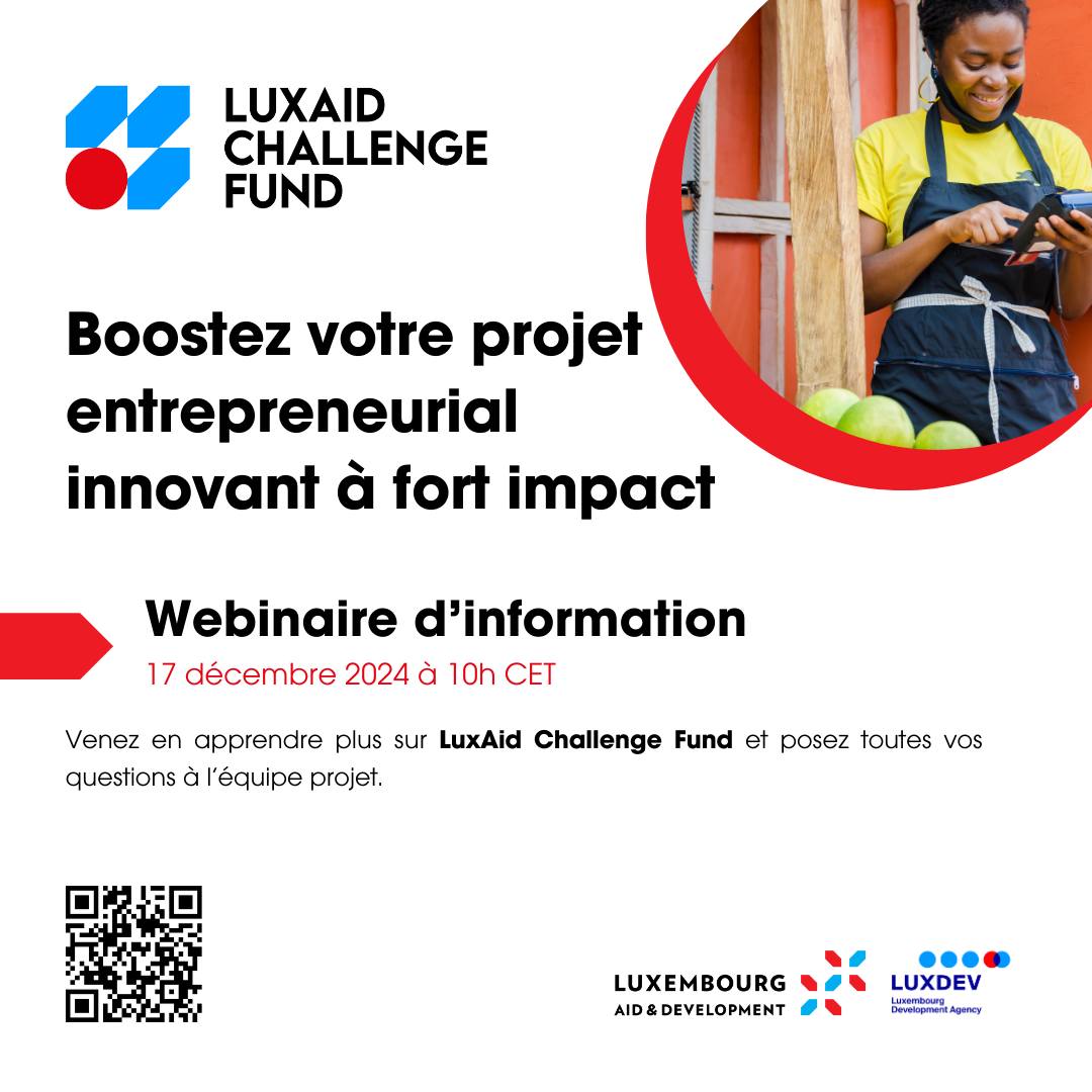 LuxDev_HQ's tweet photo. Vous êtes une entreprise basée au #Bénin 🇧🇯 ? Vous souhaitez accélérer la croissance et l’impact de votre solution innovante ?
Rejoignez notre webinaire pour découvrir l’appel à projets #LuxAid Challenge Fund et comment bénéficier d’un cofinancement de 50 000 à 140 000 EUR. https://t.co/LGe9CEflZZ
