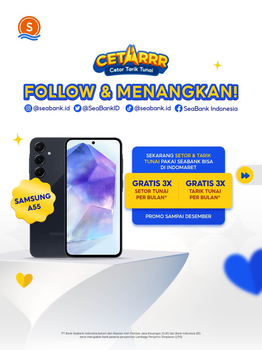 SeaBankID's tweet photo. GIVEAWAY SPESIAL: SAMSUNG A55 😍

Caranya:
1. FOLLOW TWITTER @SEABANKID &amp; INSTAGRAM @SEABANK.ID
2. LIKE &amp; RT Tweet ini
3. REPLY "SEABANKCETARRR" serta username IG mu
4. TAG TEMAN!

Selengkapnya CEK slide 2! 🫶 https://t.co/whA0evHk6D