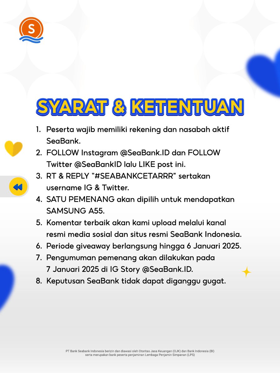 SeaBankID's tweet photo. GIVEAWAY SPESIAL: SAMSUNG A55 😍

Caranya:
1. FOLLOW TWITTER @SEABANKID &amp; INSTAGRAM @SEABANK.ID
2. LIKE &amp; RT Tweet ini
3. REPLY "SEABANKCETARRR" serta username IG mu
4. TAG TEMAN!

Selengkapnya CEK slide 2! 🫶 https://t.co/whA0evHk6D