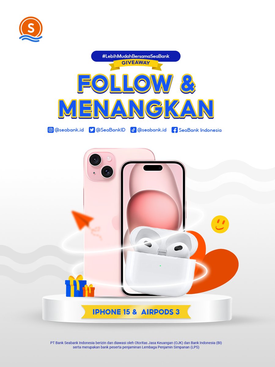 SeaBankID's tweet photo. BAWA PULANG: IPHONE 15 &amp; AIRPODS 3RD GENERATION! 📱🎧
#LebihMudahBersamaSeaBank

Caranya cuma:
1. FOLLOW SEMUA media sosial SeaBank
2. LIKE &amp; RT Tweet ini
3. REPLY "LEBIH MUDAH BERSAMA SEABANK" serta semua username media sosial kamu
4. TAG TEMAN KAMU

CEK di slide ke 2! 🔎 https://t.co/lmNWODmptt