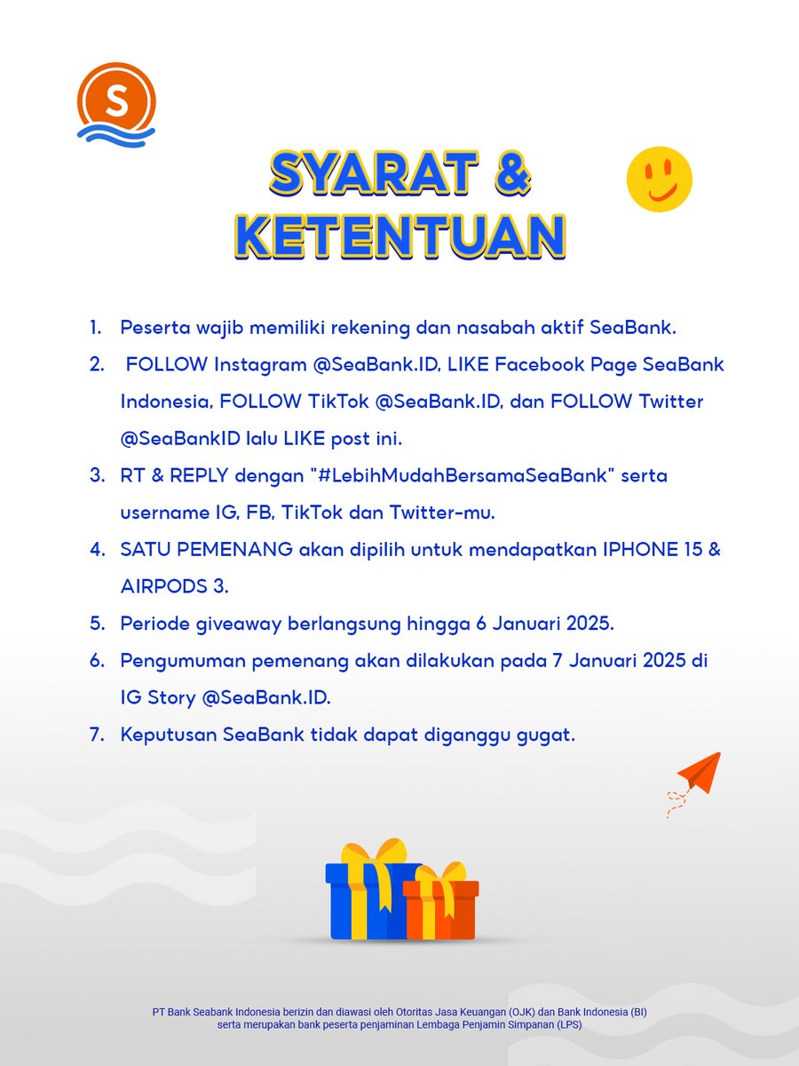 BAWA PULANG: IPHONE 15 &amp; AIRPODS 3RD GENERATION! 📱🎧
#LebihMudahBersamaSeaBank

Caranya cuma:
1. FOLLOW SEMUA media sosial SeaBank
2. LIKE &amp; RT Tweet ini
3. REPLY "LEBIH MUDAH BERSAMA SEABANK" serta semua username media sosial kamu
4. TAG TEMAN KAMU

CEK di slide ke 2! 🔎