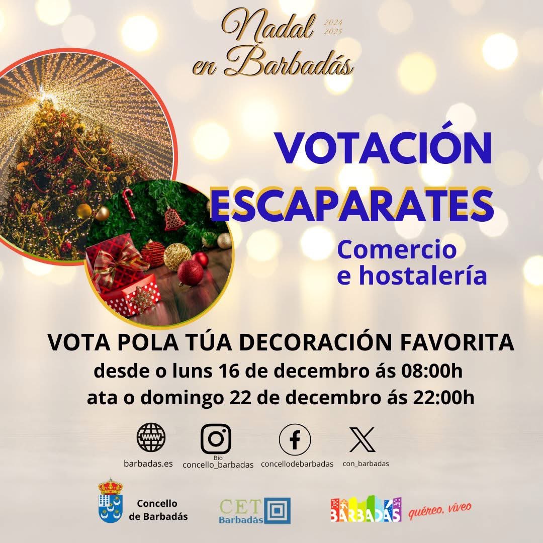 Conc_Barbadas's tweet photo. 🗳️ 𝐕𝐎𝐓𝐀 𝐩𝐨𝐥𝐚 𝐝𝐞𝐜𝐨𝐫𝐚𝐜𝐢𝐨́𝐧  𝐪𝐮𝐞 𝐦𝐚́𝐢𝐬 𝐜𝐡𝐞 𝐠𝐮𝐬𝐭𝐞
Comerciantes e hostaleiros do Concello de Barbadás, queren contribuir a crear ambiente de Nadal coa decoración dos seus establecementos. https://t.co/sEJIypSbhg