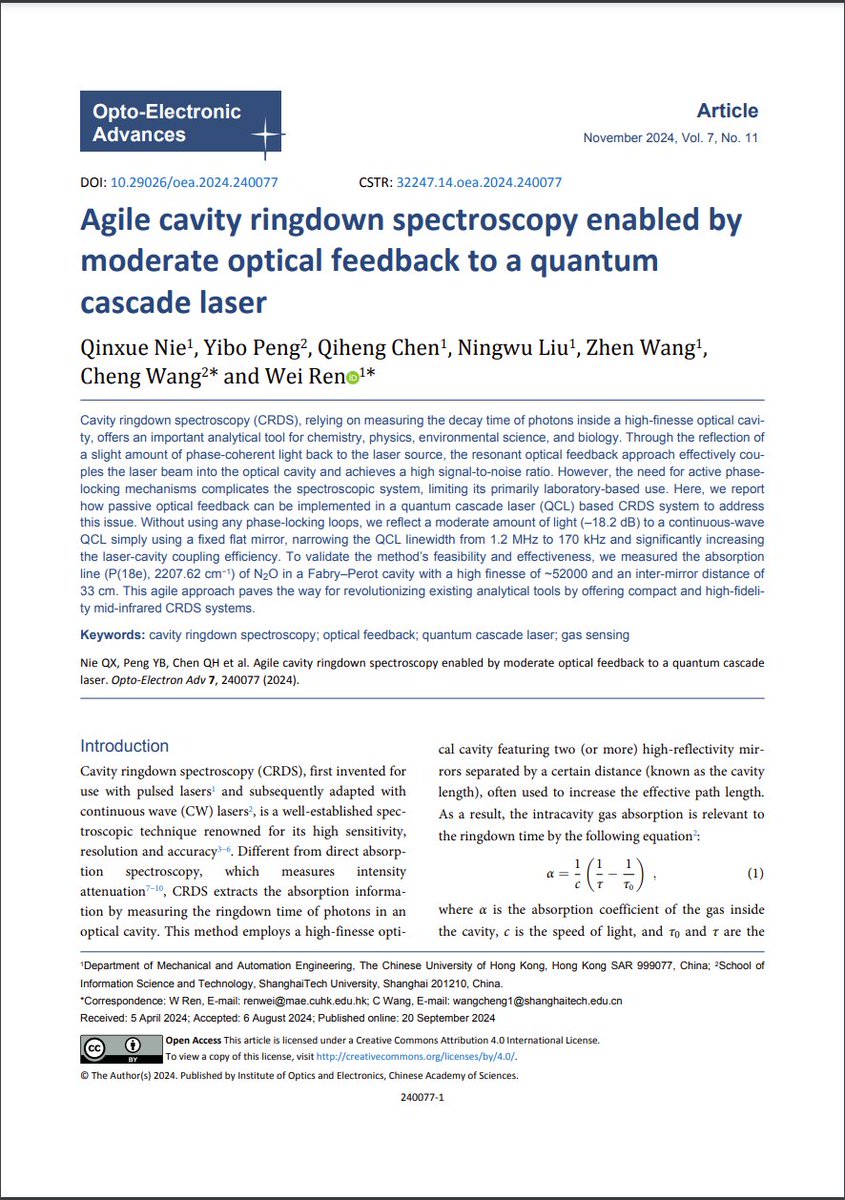 OptoElectronAdv's tweet photo. #OEA_highlight Agile cavity ringdown spectroscopy enabled by moderate optical feedback to a quantum cascade laser https://t.co/T6szrPViM0 Prof. #ChengWang @ShanghaiTechUni & Prof. #WeiRen @CUHKofficial #cavity #ringdown #spectroscopy #optical #feedback #quantum #cascade #laser https://t.co/5gqEnVcfgx