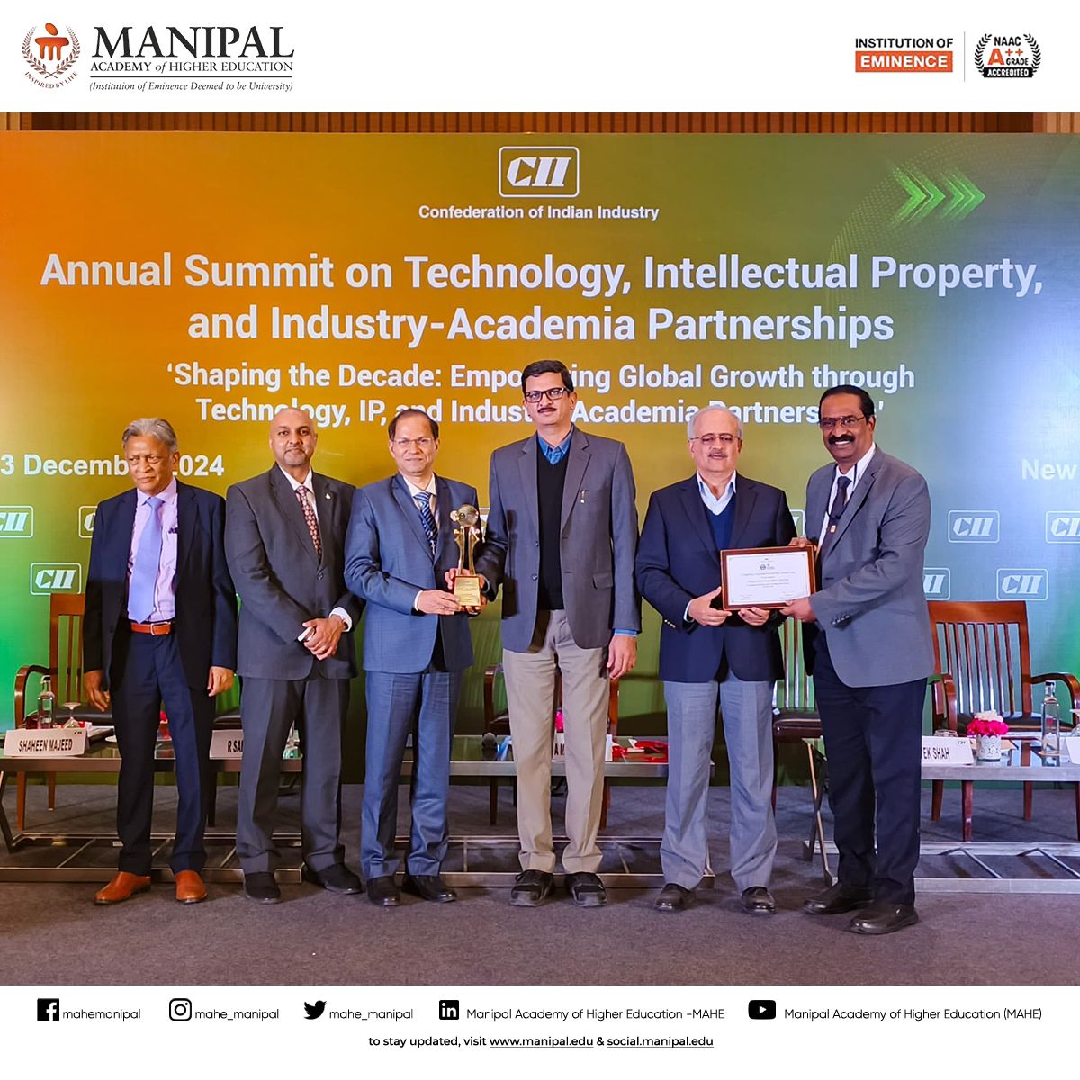 MAHE_Manipal's tweet photo. MAHE has been awarded the prestigious “CII Industry Academia Partnership Award 2024” in the platinum category, recognizing its exceptional contributions to innovation, advancing knowledge for sustainable global solutions, and fostering impactful academia-industry collaborations. https://t.co/NQ3JpquBsm