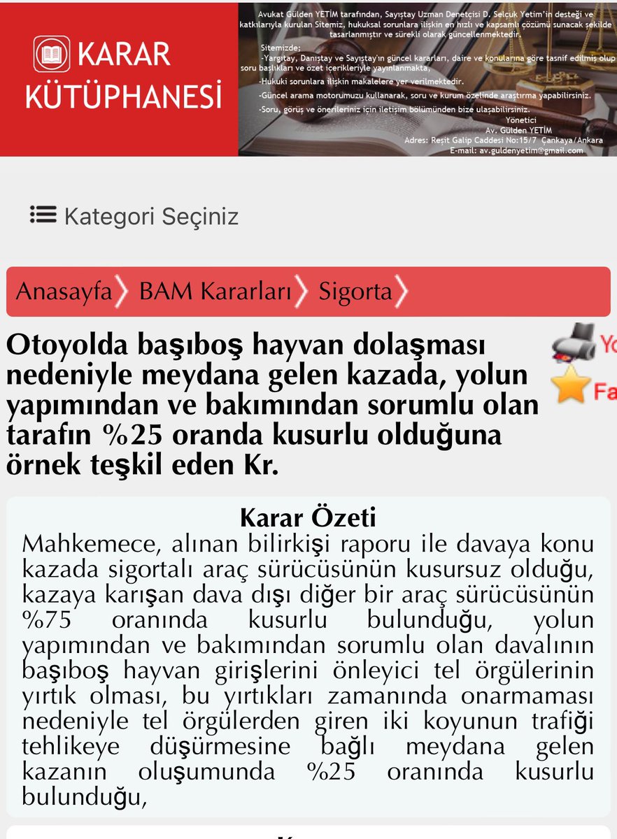 kararkutuphanes's tweet photo. Otoyolda başıboş hayvan dolaşması nedeniyle meydana gelen kazada, yolun yapımından ve bakımından sorumlu olan tarafın %25 oranda kusurlu olduğuna örnek teşkil eden Kr. #trafik #kaza #devlet #otoyol #tazmin #avukat #hukuk #istinaf 

link https://t.co/FLgug3dg1i https://t.co/E07R93jwLR