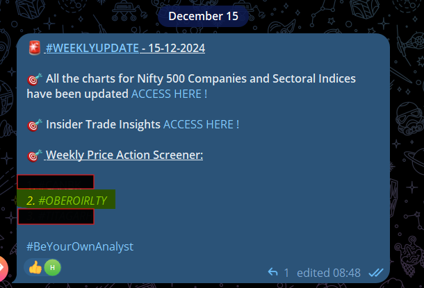 TheChartereds's tweet photo. OBEROI REALTY is touching new heights.
#OBEROIRLTY was shared as a case study with the learning community members yesterday.
The stock rallied 7% intraday 🚀
To join the learning community, Check the pinned tweet on the profile #BeYourOwnAnalyst