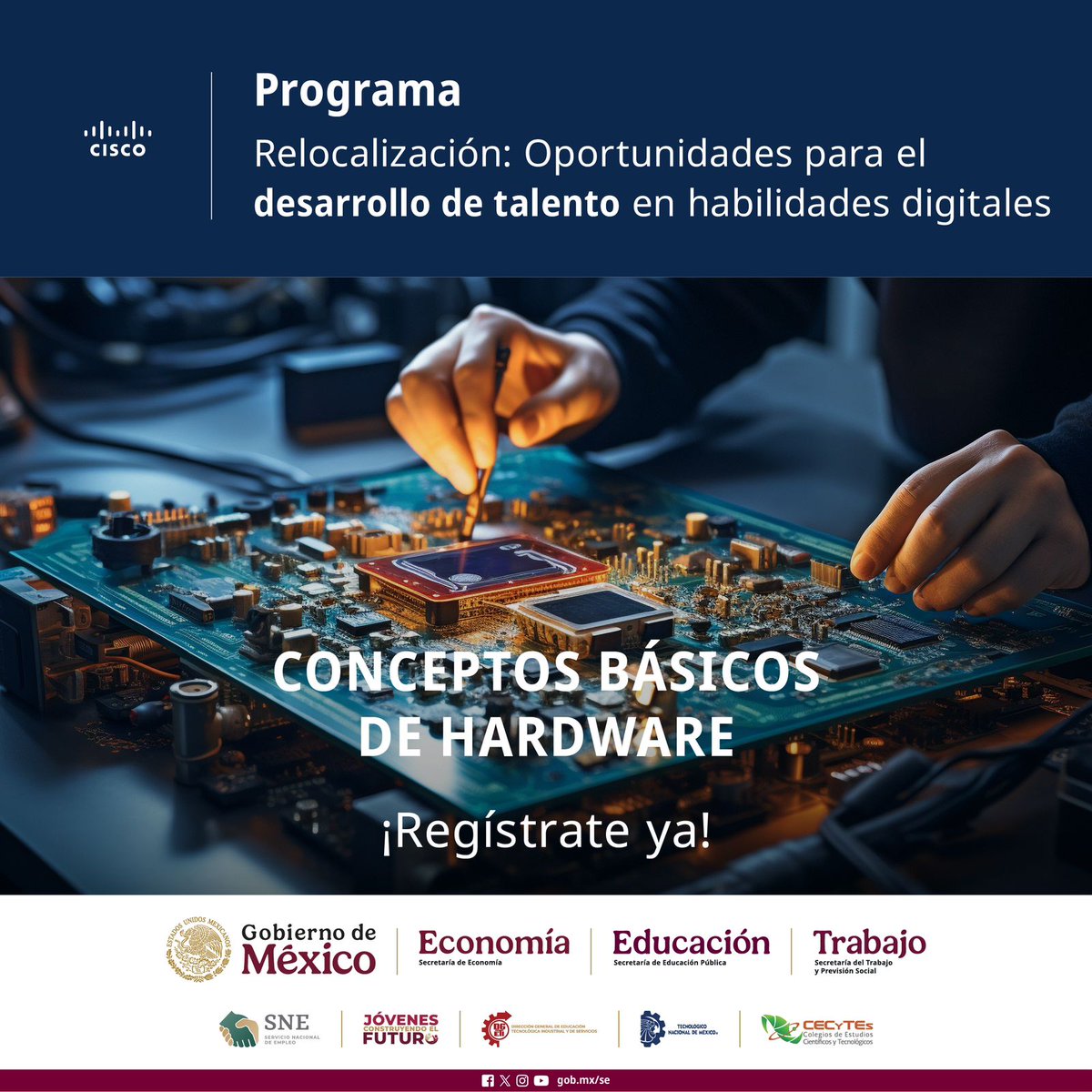 El TecNM, te invita a participar en el programa Relocalización: Oportunidades para el desarrollo de talento en habilidades digitales; aprenderas los conceptos del hardware, descubriendo los componentes de las PC, las computadoras portátiles y los dispositivos de usuario final.