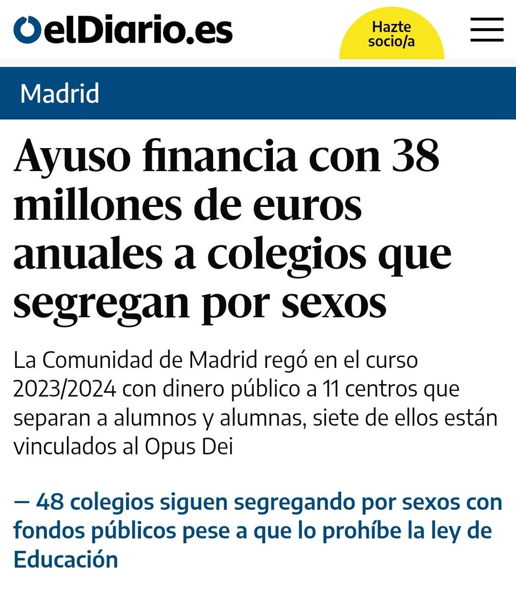 Tres años con la caldera rota en un instituto público de Entrevías, con 800 estudiantes (Puente de Vallecas), mientras Ayuso destina 38 millones de euros a colegios del Opus que segregan por sexo. Ese es su modelo.