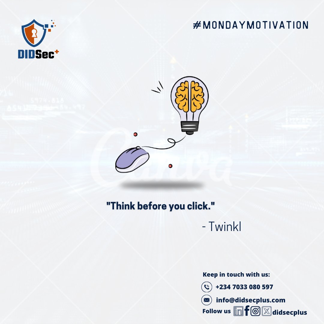 didsecplus's tweet photo. "Think before you click" ...cybercriminals often hide threats in ads, links, or fake emails. Verify sources, hover over links, and avoid too-good-to-be-true offers. Use strong passwords, enable 2FA, and update your software. Stay alert, stay safe! #Didsecplus #Cybersecurity https://t.co/aLvXXgiQCu