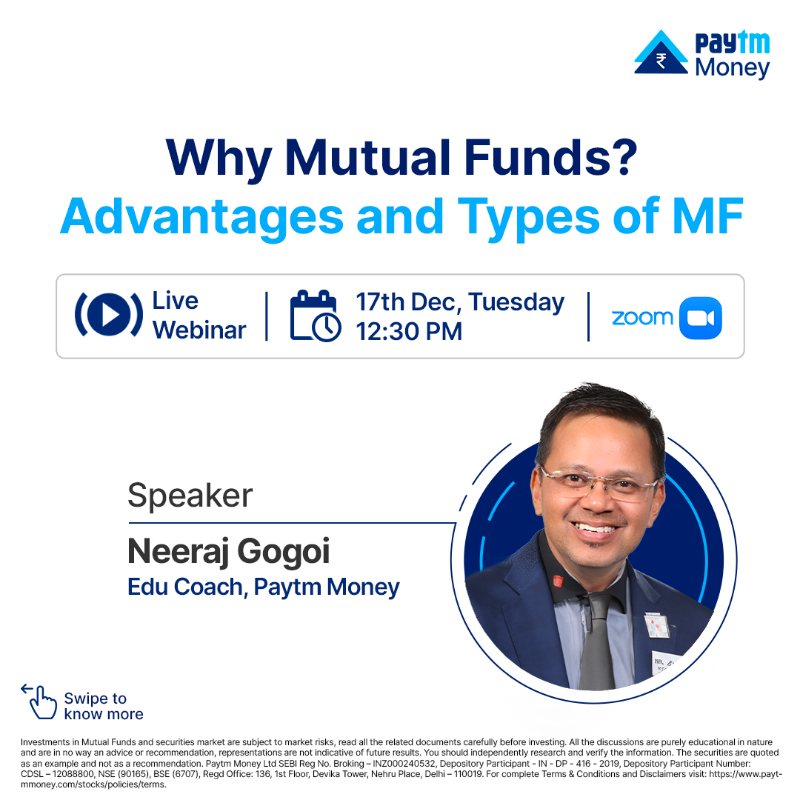 PaytmMoney's tweet photo. Join our live event with industry expert Neeraj Gogoi, Edu Coach at Paytm Money, as he provides valuable knowledge about the advantages of investing in #MutualFunds.

🗓️ - 17th December, Tomorrow
⏰ - 12:30 PM

#LearnWithPaytmMoney #PaytmMoney  #Investments