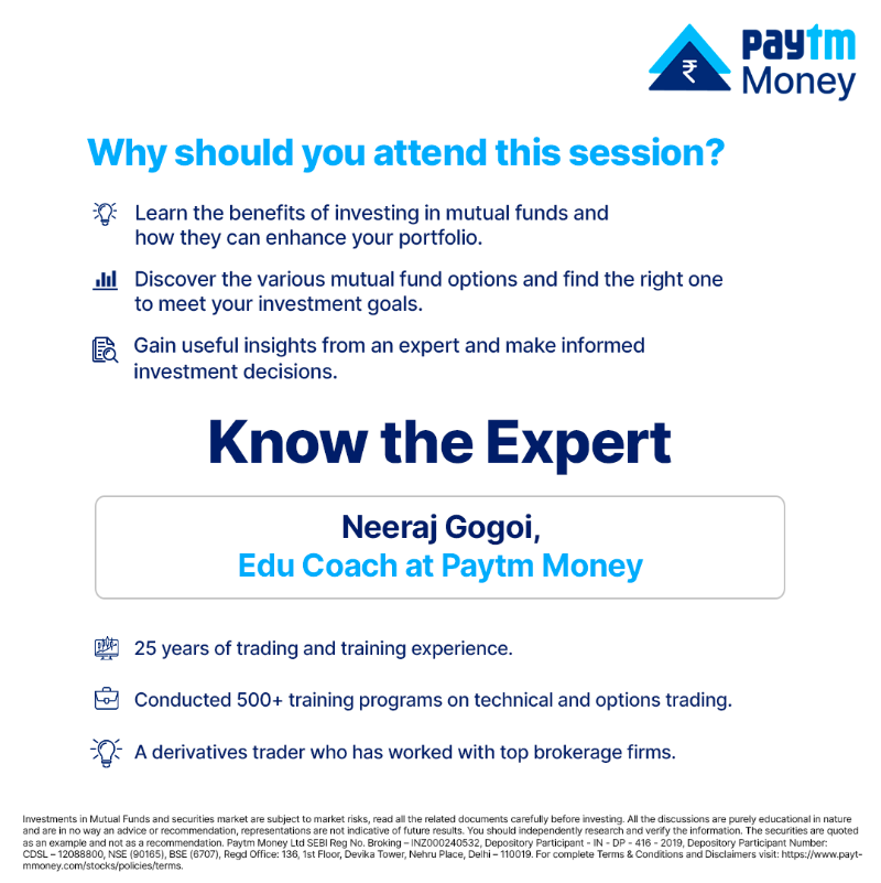 PaytmMoney's tweet photo. Join our live event with industry expert Neeraj Gogoi, Edu Coach at Paytm Money, as he provides valuable knowledge about the advantages of investing in #MutualFunds.

🗓️ - 17th December, Tomorrow
⏰ - 12:30 PM

#LearnWithPaytmMoney #PaytmMoney  #Investments