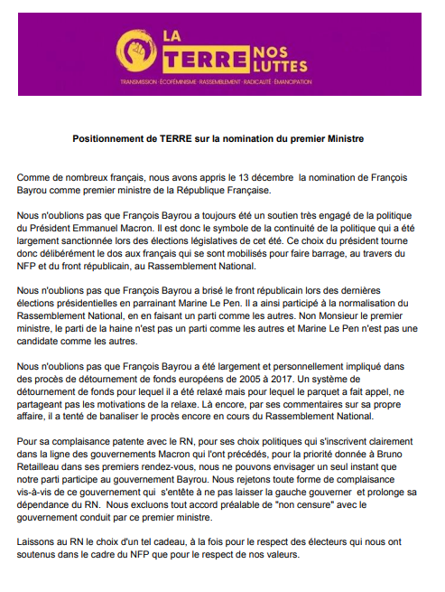 ✊🌍 Communiqué du collectif Terre suite à la nomination de François Bayrou à la tête du gouvernement.