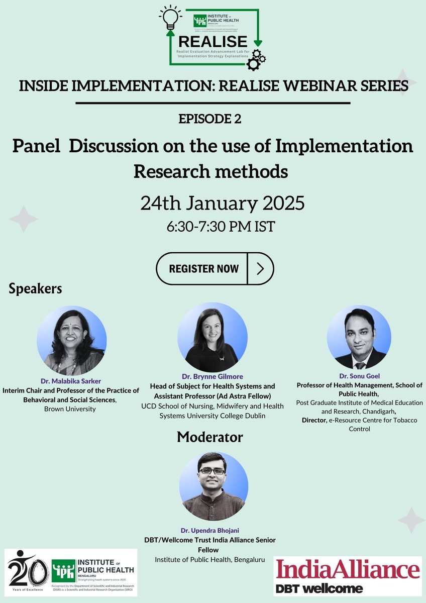 IPH Bengaluru (@iphindia) on Twitter photo Join us for the second episode of the Inside Implementation: REALISE Webinar Series. This episode features three renowned experts in the field of Implementation Research (IR), <a href="/malabikabd1/">Malabika Sarker</a> <a href="/brynne_gilmore/">Brynne Gilmore</a> & <a href="/ProfSonuGoel/">Prof. Sonu Goel</a>
IR methods are being increasingly used for evaluating Join us for the second episode of the Inside Implementation: REALISE Webinar Series. This episode features three renowned experts in the field of Implementation Research (IR), <a href="/malabikabd1/">Malabika Sarker</a> <a href="/brynne_gilmore/">Brynne Gilmore</a> & <a href="/ProfSonuGoel/">Prof. Sonu Goel</a>
IR methods are being increasingly used for evaluating
