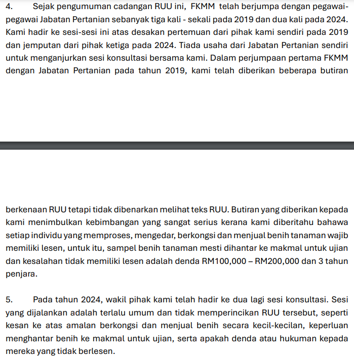 Haziqmahmur90an's tweet photo. Petani penternak kecil kita sedang diambang penindasan oleh kapitalis benih.

RUU kawal selia benih ni dah hampir nak dibawa ke parlimen. berdasarkan kenyataan petani kita,

RUU ni tak dibawa konsultasi pada pemegangtaruh paling utama iaitu, petani penternak kebanyakkan dibawah ni.

apa kesan RUU ni?

- Menyekat hak tradisi petani untuk bebas menyimpan, berkongsi, dan menjual benih tanaman sesama keluarga, rakan-rakan, dan orang awam, kerana pelesenan merupakan satu bentuk kawalan daripada kerajaan – ini bercanggah dengan Hak Petani (Farmers’ Rights) di bawah undang-undang antarabangsa.

- Kemungkinan peningkatan kos yang besar kepada petani untuk bayaran lesen dan ujian makmal pada masa hadapan. Meskipun ujian makmal kini boleh dibuat secara percuma di makmal milik kerajaan, bayaran pasti akan dikenakan di masa hadapan oleh kerajaan atau swasta apabila jumlah sampel meningkat.

- Peningkatan monopoli syarikat kerana syarikat lebih berkemampuan menampung kos pelesenan dan pengurusan berkaitan, berbanding individu.

- Kesan negatif terhadap agrobiodiversiti tanaman kerana melalui pelesenan, benih-benih komersial yang lebih popular atau menguntungkan akan diutamakan.

- Hukuman denda dan penjara yang keterlaluan terhadap petani dan orang awam, seolah-olah mereka melakukan kesalahan serius – ini juga bercanggah dengan Hak Petani (Farmers’ Rights) di bawah undang-undang antarabangsa.

mohon semua bantu sebar dan bantah akta ni dengan isikan borang bantahan di tweet ke-2