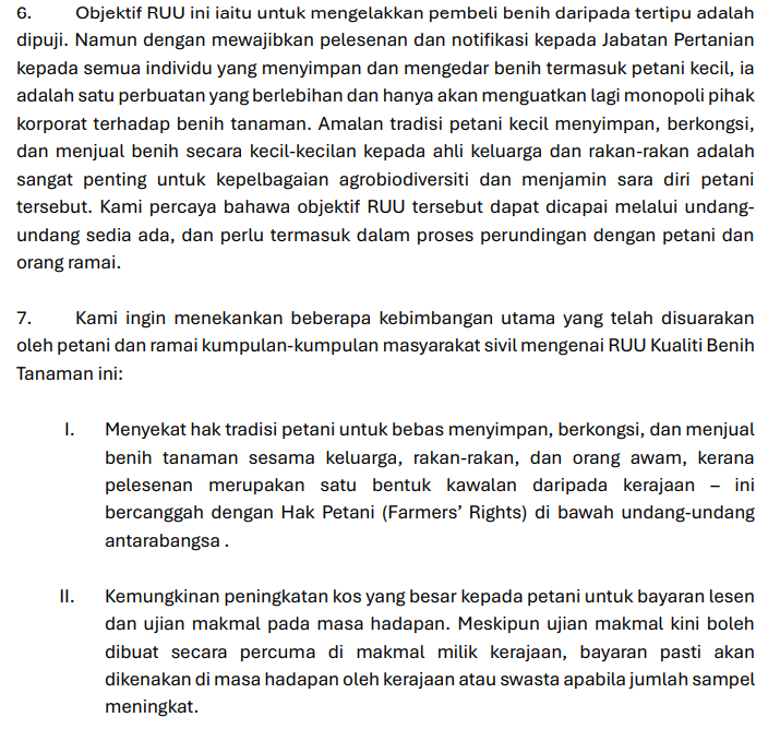 Haziqmahmur90an's tweet photo. Petani penternak kecil kita sedang diambang penindasan oleh kapitalis benih.

RUU kawal selia benih ni dah hampir nak dibawa ke parlimen. berdasarkan kenyataan petani kita,

RUU ni tak dibawa konsultasi pada pemegangtaruh paling utama iaitu, petani penternak kebanyakkan dibawah ni.

apa kesan RUU ni?

- Menyekat hak tradisi petani untuk bebas menyimpan, berkongsi, dan menjual benih tanaman sesama keluarga, rakan-rakan, dan orang awam, kerana pelesenan merupakan satu bentuk kawalan daripada kerajaan – ini bercanggah dengan Hak Petani (Farmers’ Rights) di bawah undang-undang antarabangsa.

- Kemungkinan peningkatan kos yang besar kepada petani untuk bayaran lesen dan ujian makmal pada masa hadapan. Meskipun ujian makmal kini boleh dibuat secara percuma di makmal milik kerajaan, bayaran pasti akan dikenakan di masa hadapan oleh kerajaan atau swasta apabila jumlah sampel meningkat.

- Peningkatan monopoli syarikat kerana syarikat lebih berkemampuan menampung kos pelesenan dan pengurusan berkaitan, berbanding individu.

- Kesan negatif terhadap agrobiodiversiti tanaman kerana melalui pelesenan, benih-benih komersial yang lebih popular atau menguntungkan akan diutamakan.

- Hukuman denda dan penjara yang keterlaluan terhadap petani dan orang awam, seolah-olah mereka melakukan kesalahan serius – ini juga bercanggah dengan Hak Petani (Farmers’ Rights) di bawah undang-undang antarabangsa.

mohon semua bantu sebar dan bantah akta ni dengan isikan borang bantahan di tweet ke-2