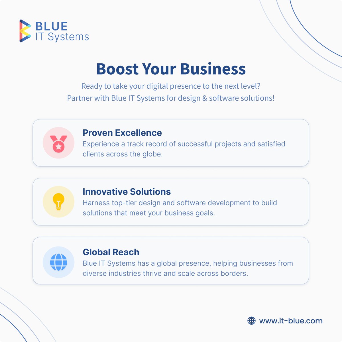 BlueITSystems's tweet photo. Blue IT Systems has a proven track record of delivering success, with a portfolio filled with satisfied clients. 
✅ Proven track record​
✅ Satisfied clients worldwide​
✅ Top-notch design &amp; software development​
​
#BlueITSolutions #DigitalInnovation #SoftwareDevelopment https://t.co/UdBqtAzqZY