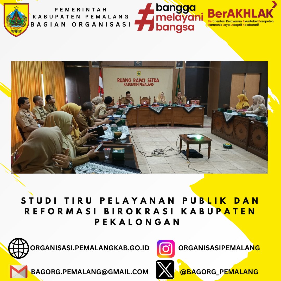 Senin 16 Desember 2024, Titik Widyastuti, S. Sos.,M.Si Kepala Bagian Organisasi Setda Kabupaten Pemalang bersama 6 lokus penilaian standar kepatuhan Tahun 2024  menerima kunjungan kerja Pemerintah Kabupaten Pekalongan