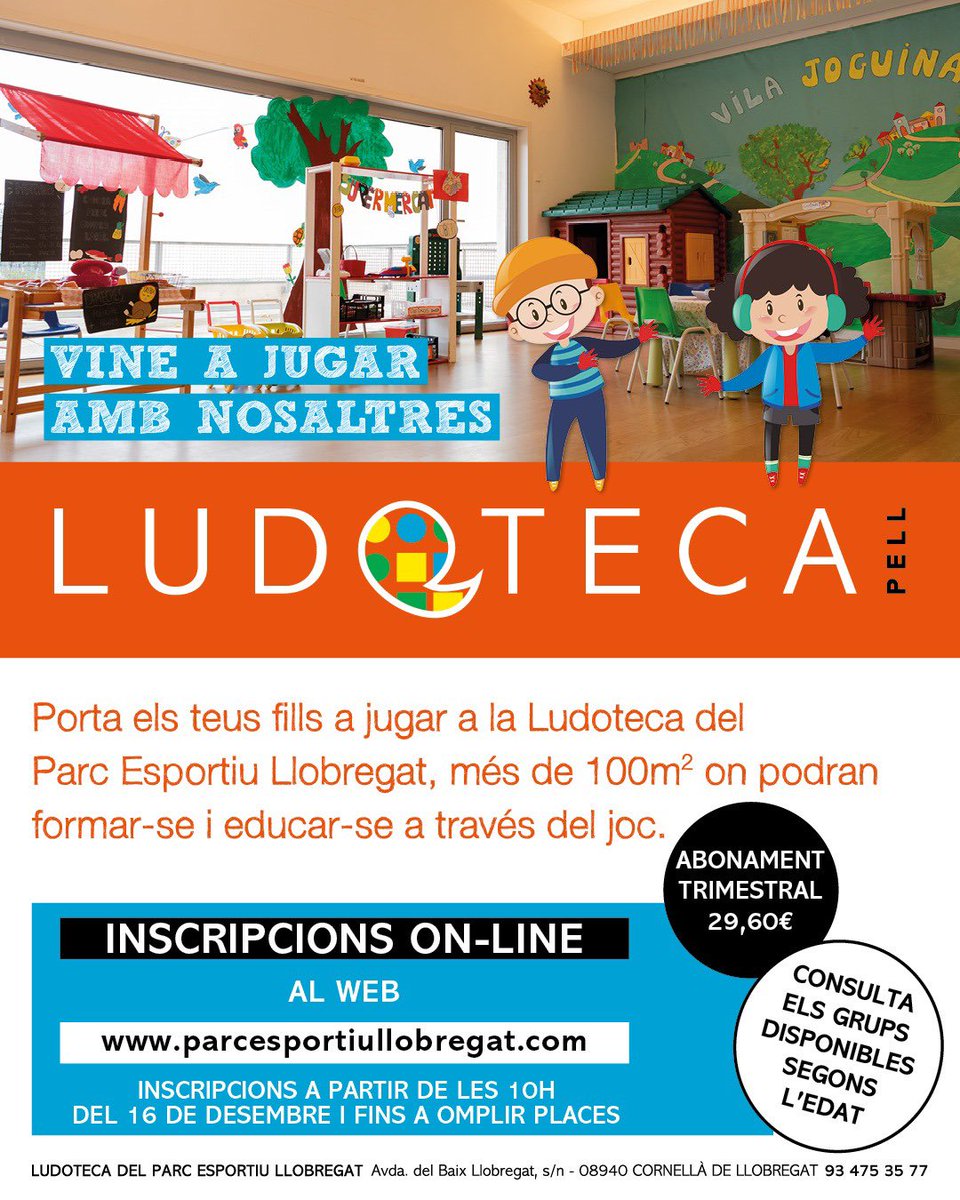 🎉 Vine a jugar amb nosaltres! 🎉

La Ludoteca del PELL t'espera amb més de 100m² plens de diversió, aprenentatge i joc pels més petits de la casa. 👧🧒

📆 Inscripcions online obertes a partir del 16 de desembre a les 10h!
🔗 Apunta't al web 👉 parcesportiullobregat.com
