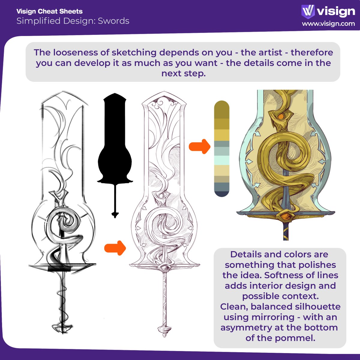 visignacademy's tweet image. Here&apos;s a simplified design process and how you can use it to create swords that look amazing! Remember - looseness creates gesture, and you can play with it and have fun in the process.
#visigncheatsheet #propdesign #sworddesign #arttips