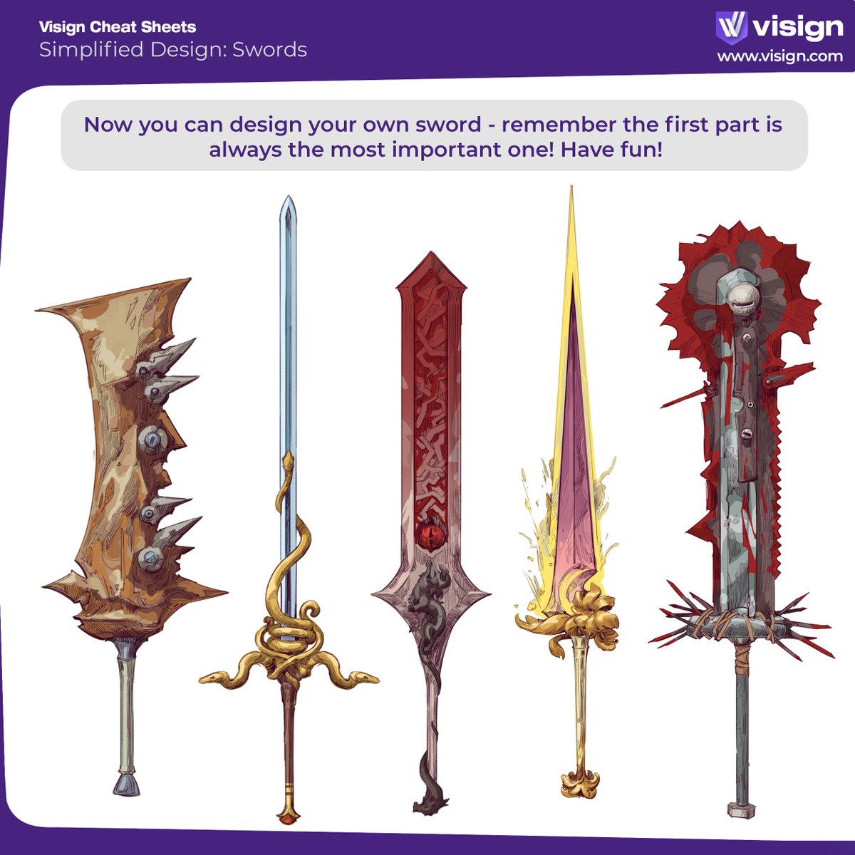 visignacademy's tweet image. Here&apos;s a simplified design process and how you can use it to create swords that look amazing! Remember - looseness creates gesture, and you can play with it and have fun in the process.
#visigncheatsheet #propdesign #sworddesign #arttips