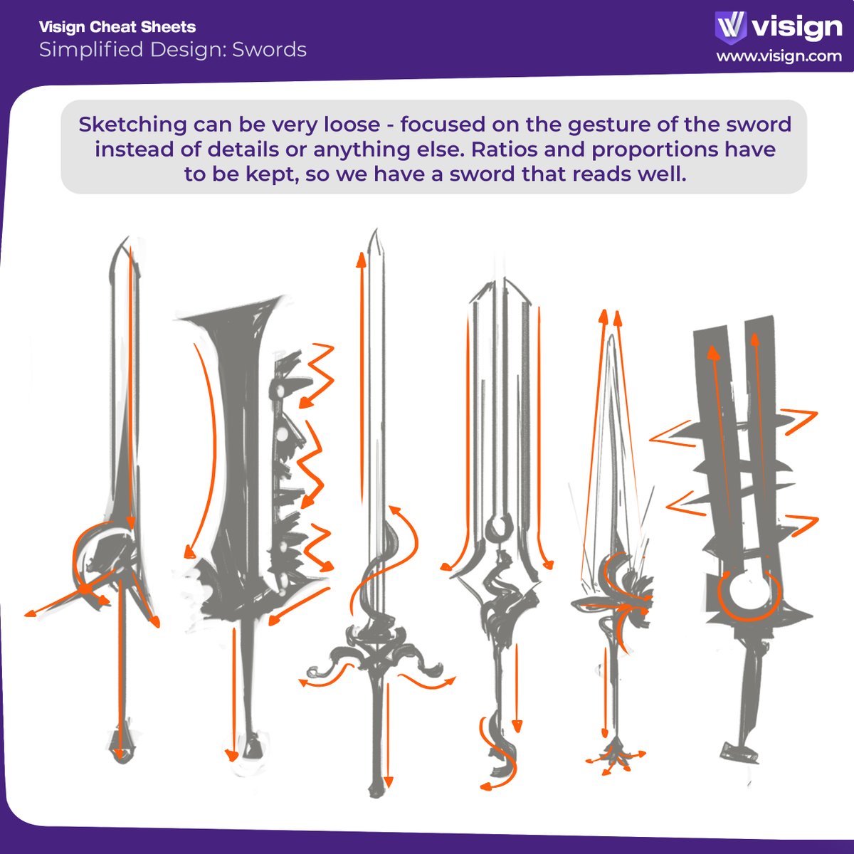 visignacademy's tweet image. Here&apos;s a simplified design process and how you can use it to create swords that look amazing! Remember - looseness creates gesture, and you can play with it and have fun in the process.
#visigncheatsheet #propdesign #sworddesign #arttips