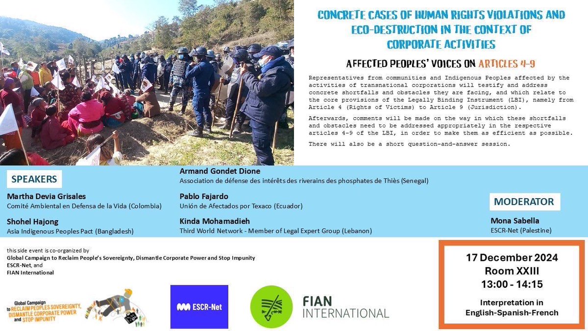 The side event at the 10th session of the open-ended intergovernmental working group on transnational corporations and 
other business enterprises with respect to human rights, 16 to 20.12.2024 at Geneva.