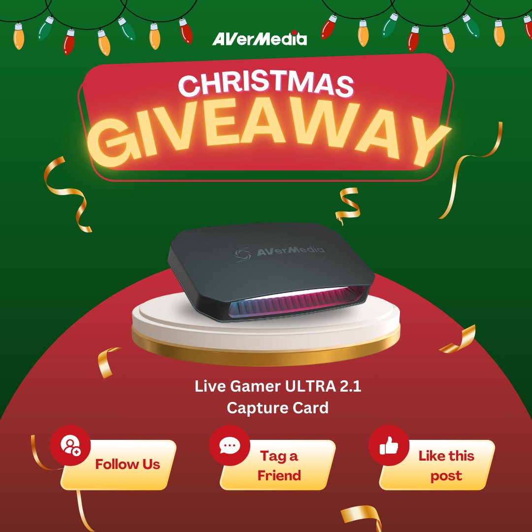 AVerMedia's tweet photo. 🎉 Christmas Giveaway! 🎉
Ending the year with a giveaway! — Here's your chance on winning the GC553G2 Live Gamer ULTRA 2.1 External Capture Card!

How to enter:
1️⃣ Follow us @avermedia
2️⃣ Tag a friend
3️⃣Retweet this post  🔥
Giveaway duration is from 12/14 to 12/20 PST, open to US and Canada only. The winner will be announced on 12/21 PST.

Good luck!
#AVerMedia #capturecard #Giveaway #Elena #gameplay #setup