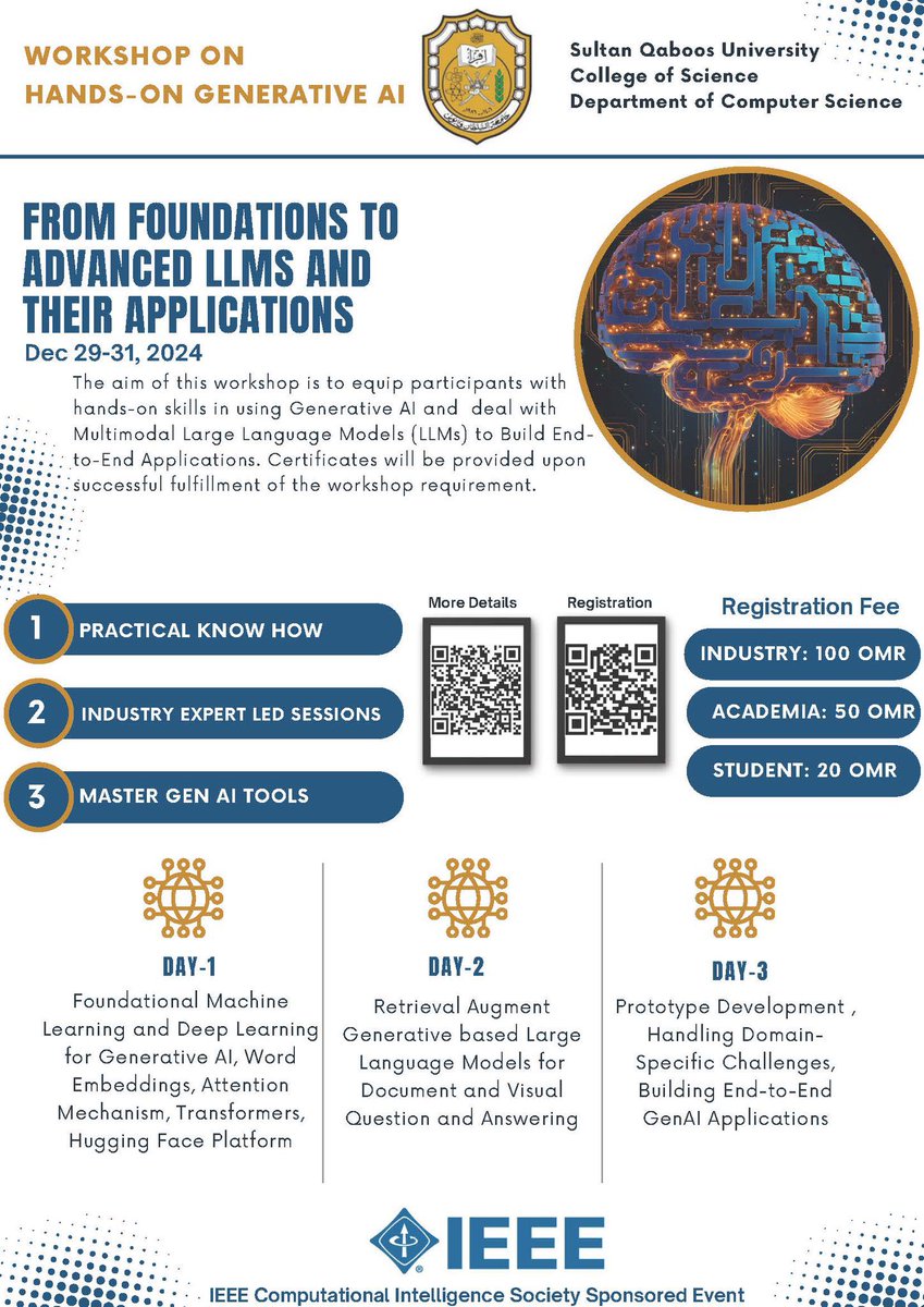 Hands-On Generative AI: From Foundations to Advanced LLMs and Their Applications
Dec 29th – 31th, 2024
Department of Computer Science, College of Science
Sultan Qaboos University