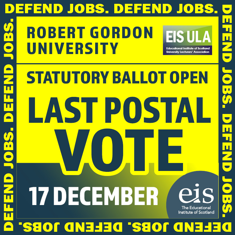 The last chance to post your vote in the RGU statutory ballot is tomorrow. We are recommending voting YES to defend jobs at Robert Gordon University. #DefendJobs #RGU