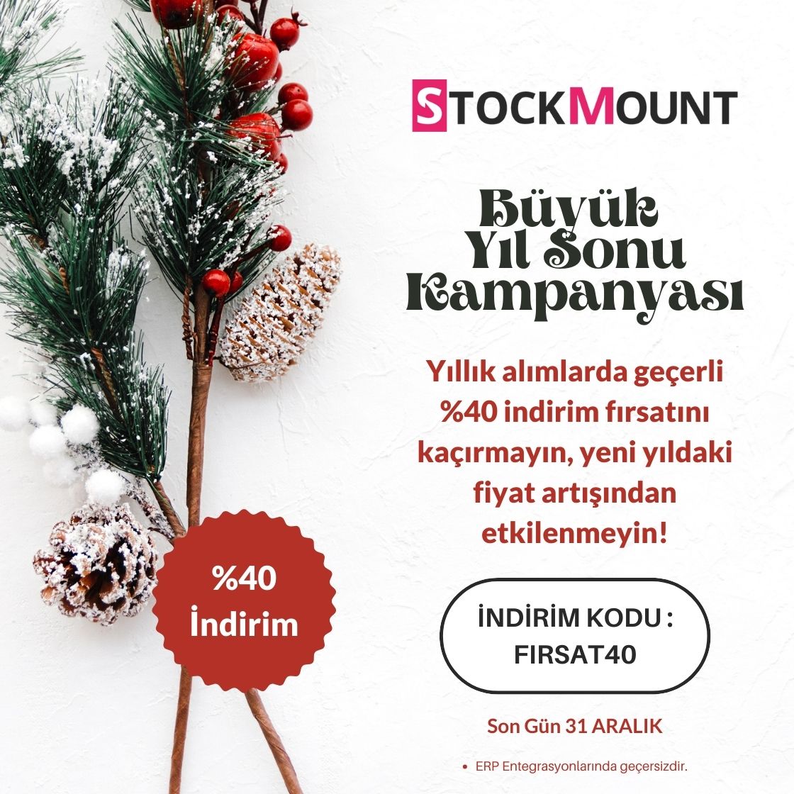 Yıllık alımlarınıza özel %40 indirim fırsatını kaçırmayın. 💥 
31 Aralık'a kadar "FIRSAT40" kodunu kullanın ve yeni yıla avantajlı fiyatlarla başlayın. 🚀 
#StockMount #Yilsonundirimi #Firsat