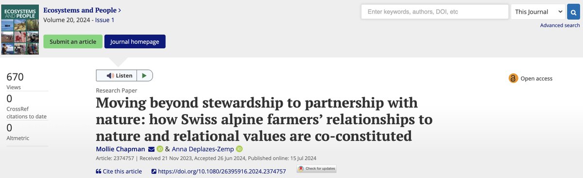 Ecosystems and People (@esandpeople) on Twitter photo New research on Swiss Alpine farmers by <a href="/drmolliechapman/">Mollie Chapman</a> reveals a deeper human-nature relationship than stewardship: a partnership based on collaboration, mutual respect, and nature as an active subject. Learn more: tandfonline.com/doi/full/10.10… (SP) New research on Swiss Alpine farmers by <a href="/drmolliechapman/">Mollie Chapman</a> reveals a deeper human-nature relationship than stewardship: a partnership based on collaboration, mutual respect, and nature as an active subject. Learn more: tandfonline.com/doi/full/10.10… (SP)