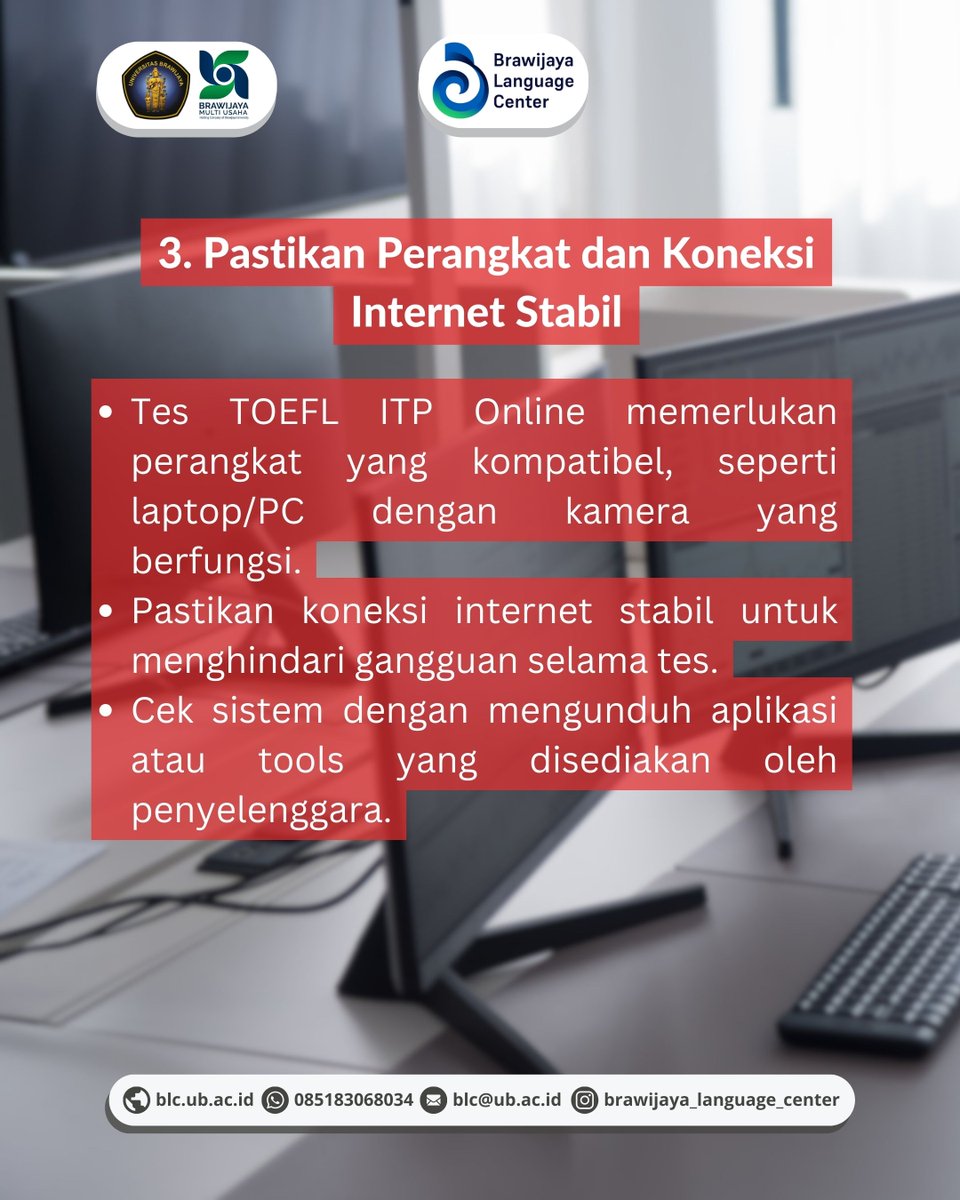 minci ada tips buat kalian semua sebelum tes TOEFL ITP Online nih. Yuk simak postingan berikut!
#BLC #BrawijayaLanguageCenter #UniversitasBrawijaya #TOEFLITP #TesTOEFL #TOEFLONLINE