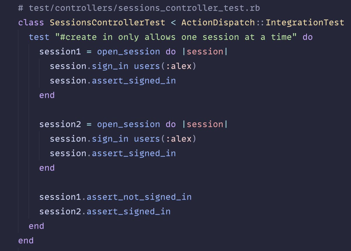 Thanks to the new Rails authentication generator, it's very easy to add features such as allowing only one session at a time.

It's also very easy to test, thanks to the `open_session` method.