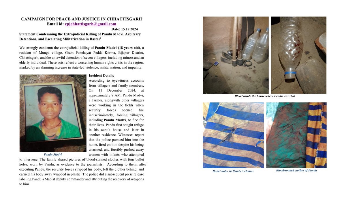 #Bastar 16/11/24
We stand with Campaign for Peace and Justice in #Chhattisgarh (CPJC) in condemning the extrajudicial killing of 18-yr-old Adivasi Pandu Madvi in Munga village, #Bijapur District, #Bastar, #India
and unlawful detention of 7 villagers (1/n)
#HumanRightsViolations