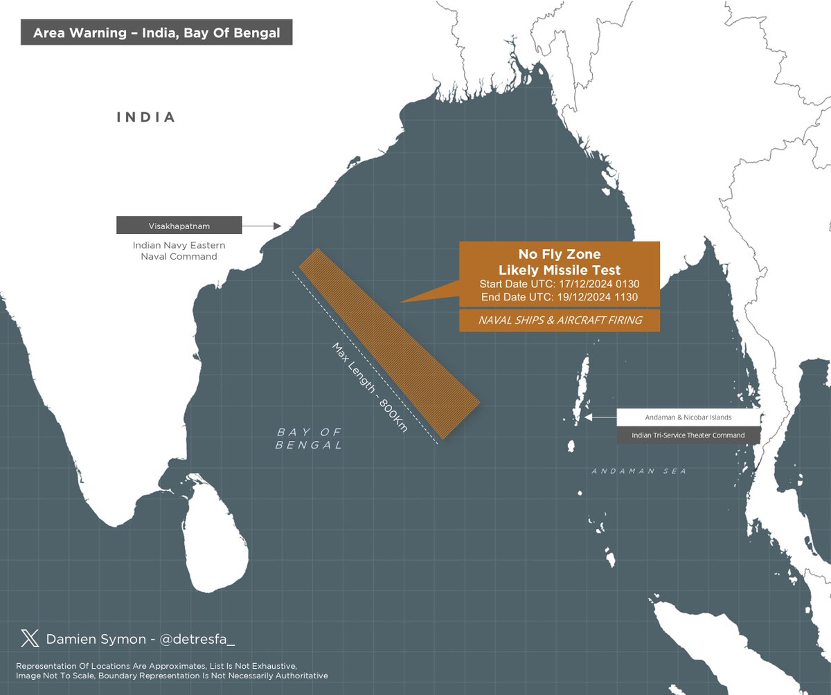 detresfa_'s tweet photo. #AreaWarning #India issues a notification for a likely Navy related missile test in the Bay of Bengal region
Date | 17 - 19 December 2024 https://t.co/6EieUXbP36