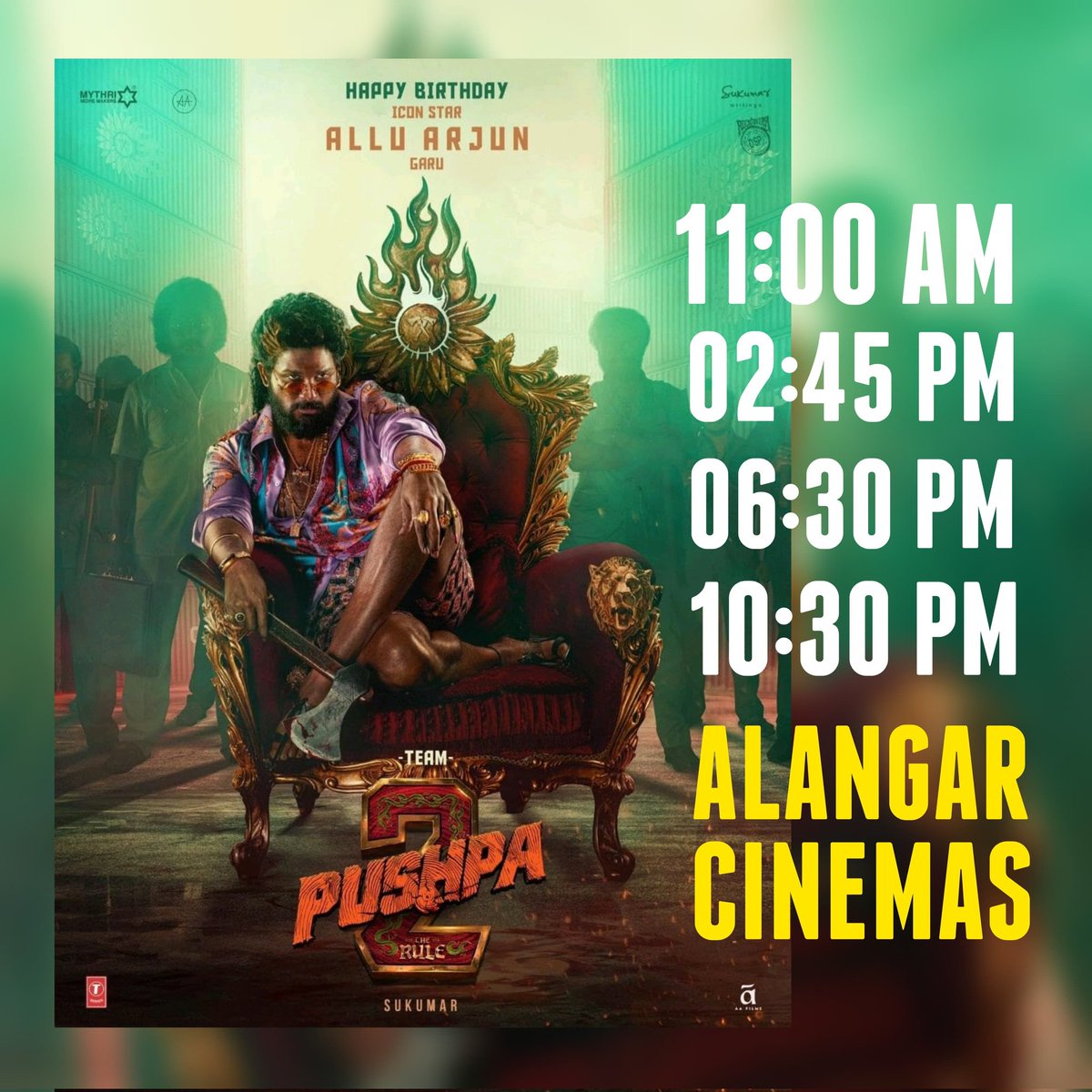 AlangarCinemas's tweet photo. Running Successfully @alangarcinemas π₯
#pushpa
#pushpa2
#therule
#iconstar
#alluarjun
#fahadfazil
#rasmikamandanna
#devisriprasad
#sukumar
#alangarcinemas
#nellainayagan https://t.co/8DkMqmVZhE