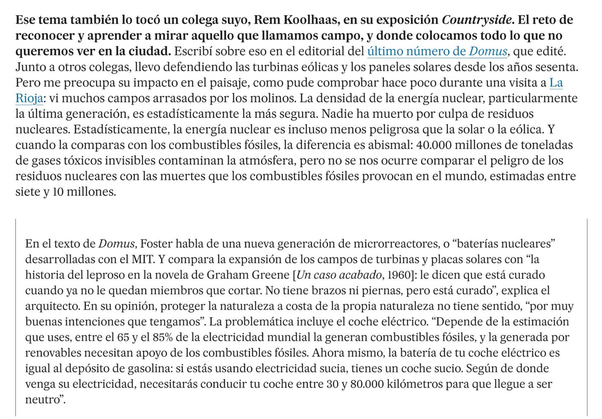 OperadorNuclear's tweet photo. Contundente defensa de Norman Foster de la energía nuclear en @el_pais: «Nadie ha muerto por culpa de los residuos radiactivos. Estadísticamente, la energía nuclear es incluso menos peligrosa que la solar o la eólica».
https://t.co/csmCvoksdq https://t.co/RmhG6253e3
