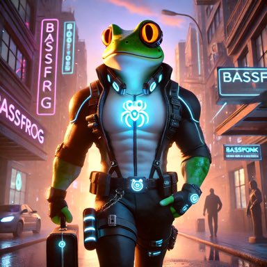 Bassfrog_sol's tweet photo. Early mornings, neon skies, and relentless ambition. 

Bassfrog hits the grind with his signature glowing necklace shining bright. 

The day waits for no one—rise and hustle. 🐸⚡

 #BASSFROG #solana #memecoin https://t.co/OEvuK6MtIg
