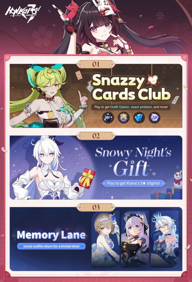 HonkaiImpact3rd's tweet image. On DEC 16, the featured event begins. On DEC 19, Bingo event kicks off. From DEC 20, Outfit Supply will be available for a limited time. Stay tuned!
※ Please follow our announcements for further details.
#Sparkle
#Sparkleimpact3rd
#HonkaixHonkai
#HonkaiImpact3rd