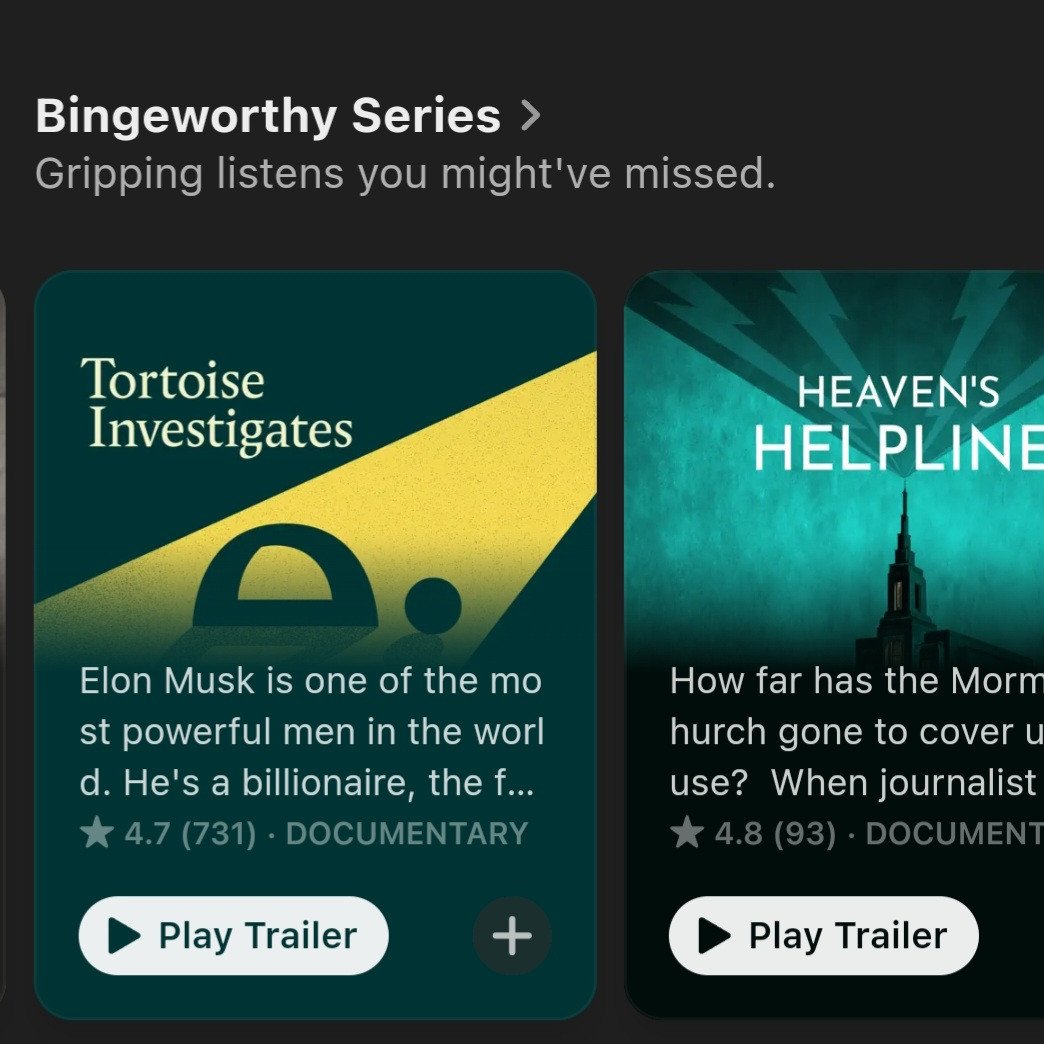 Have always considered <a href="/tortoise/">Tortoise</a> and <a href="/AlexiMostrous/">Alexi Mostrous</a> to be the best in class for investigative podcasts so quite surreal to be up next to them on Apple's Bingeworthy Series

open.spotify.com/show/1Je06h0lS…
