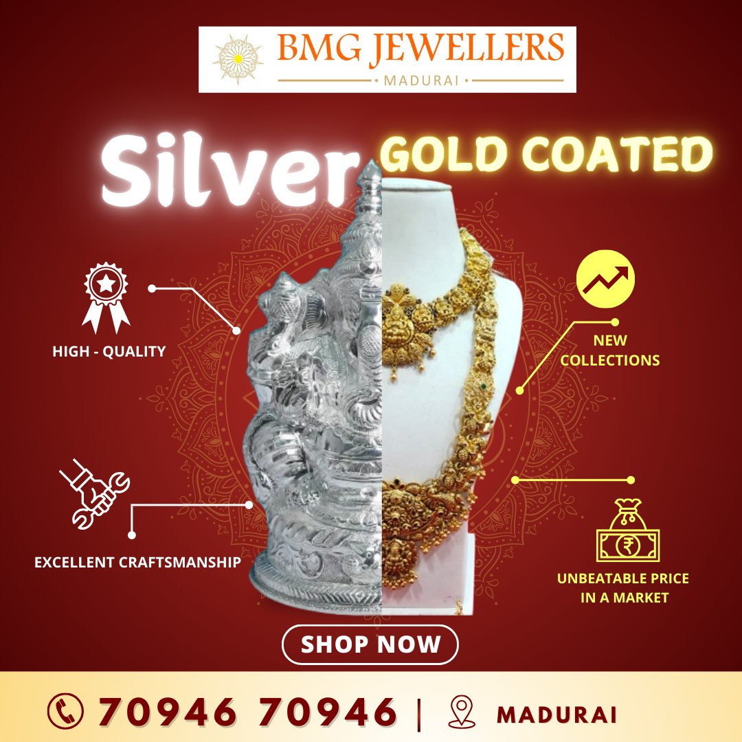 BMGjewellers24's tweet image. "Choose your shine – Silver or Gold-coated Silver, crafted to perfection  💍👑✨ 😍
AND MORE 📍 Visit our Shop: Arappalayam, Madurai 625016
📲 For details : 7094670946

#BMGjewellers #SilverArticles #SilverPoojaitems #GoldcoatedJewellery
#GoldcoatedSilver #SilverJewellery #Silver
