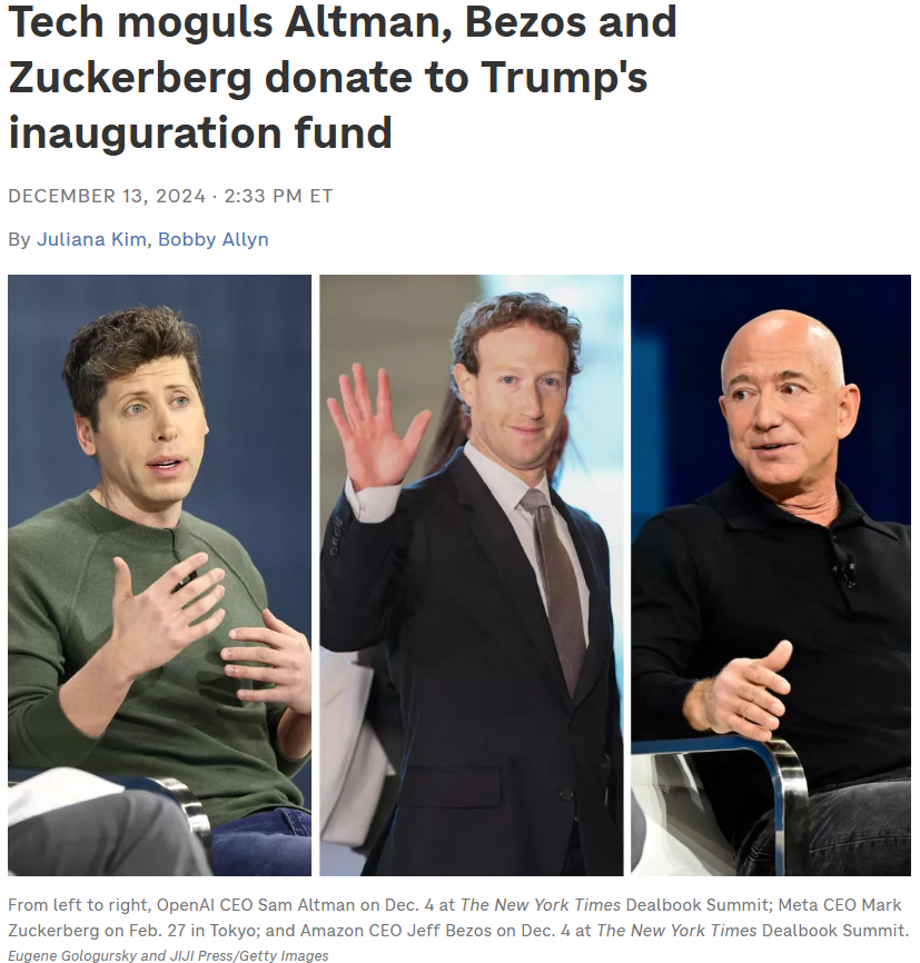 PropertySharem1's tweet photo. Tech billionaires are donating to #Trump inauguration fund!

And while they happily spent only $1 million of their donation, the aim is to keep the government from regulating #ArtificialIntelligence  and #Crypto  especially #Bitcoin 

Okay, so what's the key takeaway in this? 👇