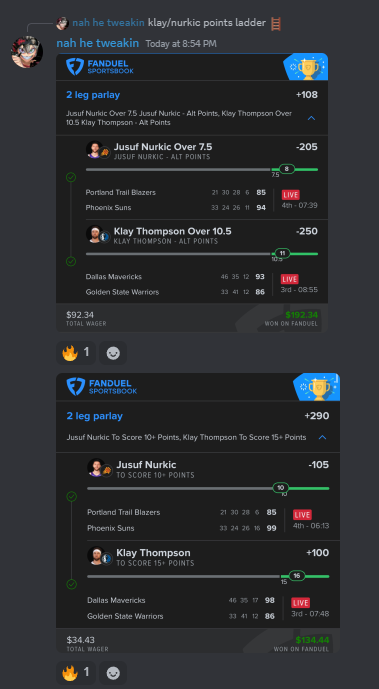 ckmpicks's tweet photo. Klay locked us in for hella profit tonight!

-CKM TailingTommy

#fandual #parlay #parlaywin #nba #GamblingX #warriorsvsmavs https://t.co/HA2VS7Z3Uy