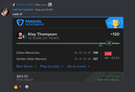 ckmpicks's tweet photo. CASH the Klay Live bet

if youre not following us for our pick, you're lacking 

Premium got first dibs on this 
#fandual #parlay #parlaywin #nba #GamblingX #warriorsvsmavs https://t.co/YaELQqJI5i