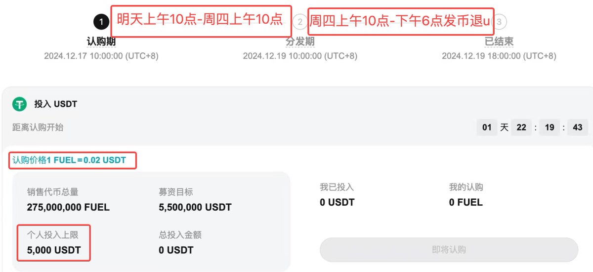 明天早上10点-周四早上10点，每人可冲5000u 认购 $FUEL ，采用超募形式募550万美元，最后按比例均分。这也算是BG 给全体用户发个年终奖，小小心意请收下♥️
⚠️#Bitget 是唯一帮 #FUEL 公募的交易所。这也是顶级项目/市商团队/鲸鱼/用户对BG 越来越认可的表现。
❓所有问题在这里问，评论区找答案。