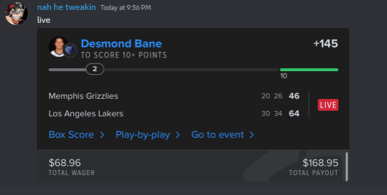 ckmpicks's tweet photo. Free play of the day

were taking Desmond Bane to hit 10+ points

Lets see if we can keep sun running
#fandual #parlay #parlaywin #nba #GamblingX https://t.co/SPjxzK65Z8