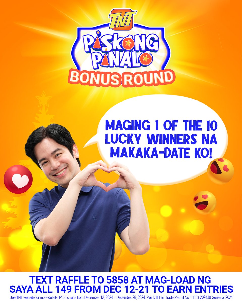 tntph's tweet photo. Steps para hindi na maging malamig ang pasko mo ๐งฃ
1. Text RAFFLE to 5858
2. Load SAYA ALL 149 mula December 12-21
3. Get a chance maka-group date si Joshua Garcia
Earn entries kada-load mo, KaTropa. Daliii, naghihintay na si Joshua! ๐ซฐ
More info: https://t.co/FPnJcmxqBA https://t.co/46jiiNTUJT