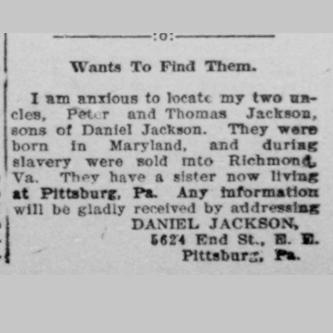 #OnThisDay Daniel Jackson, who shares the same name as his grandfather, was searching for his two uncles, Peter and Thomas Jackson. The two men were sold into slavery from Maryland to Virginia, but their sister was still alive in Pennsylvania as of 1905.

<a href="/USNatArchives/">U.S. National Archives</a> <a href="/NHPRC/">NHPRC</a>